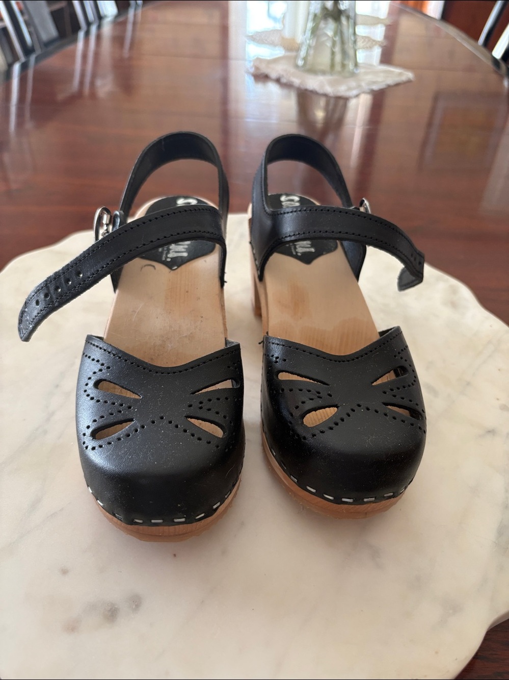 Black Clog Mules with Ankle Strap - Women's Comfortable Slip-On